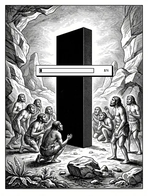Ilustración de un monolito rodeado de hombres primitivos