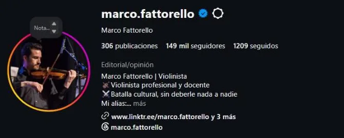 Perfil verificado de Instagram @marco.fattorello con 149 mil seguidores